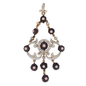 Art Nouveau Garnet Pearl And Enamel Pendant