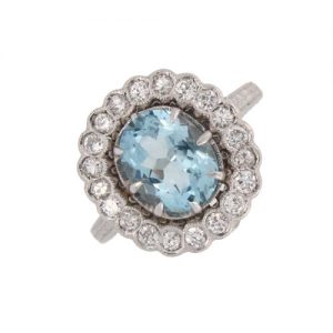 Pre Owned Aquamarine and Diamond Cluster Ring