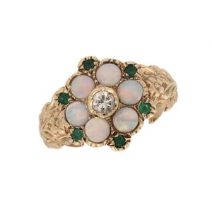 Pre Owned Emerald Opal and Diamond Cluster Ring