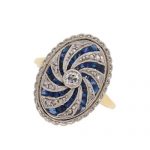 Art Deco Sapphire and Diamond Swirl Cluster Ring