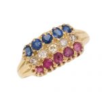 Edwardian Gold Ruby Diamond and Sapphire Patriotic Ring