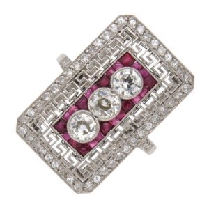 Art Deco Ruby and Diamond Panel Cluster Ring