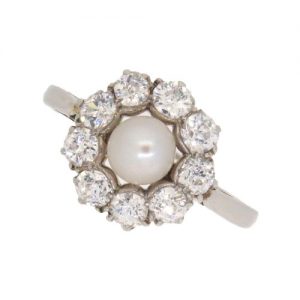 Edwardian Pearl and Diamond Daisy Cluster Ring