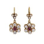 Pre Owned Ruby and Diamond Cluster Drop Earrings