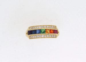Secondhand 18ct yellow gold multi coloured Sapphire and Diamond ring (Rainbow)