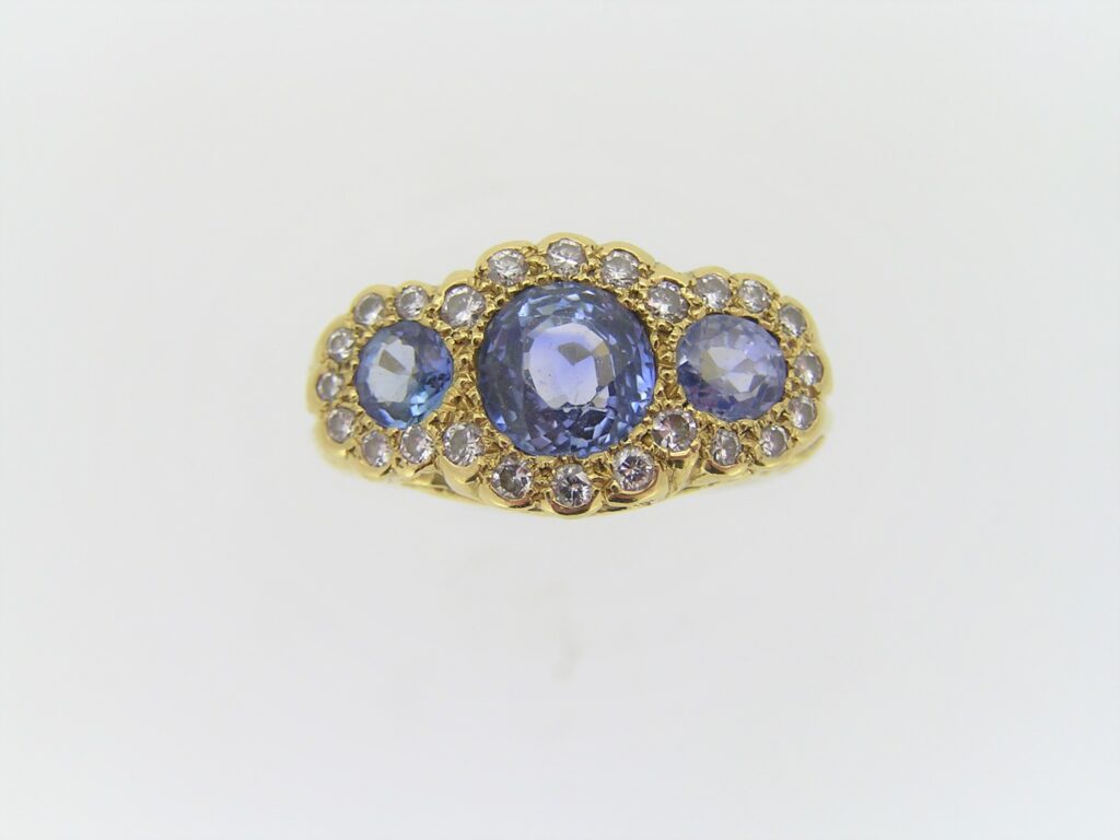 Pre Owned Triple Sapphire And Diamond Cluster Ring
